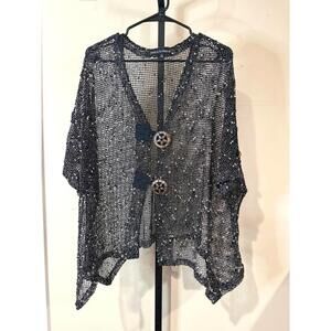 Black Open-Knit Buttoned Sweater Cardigan Mirror Image 3x